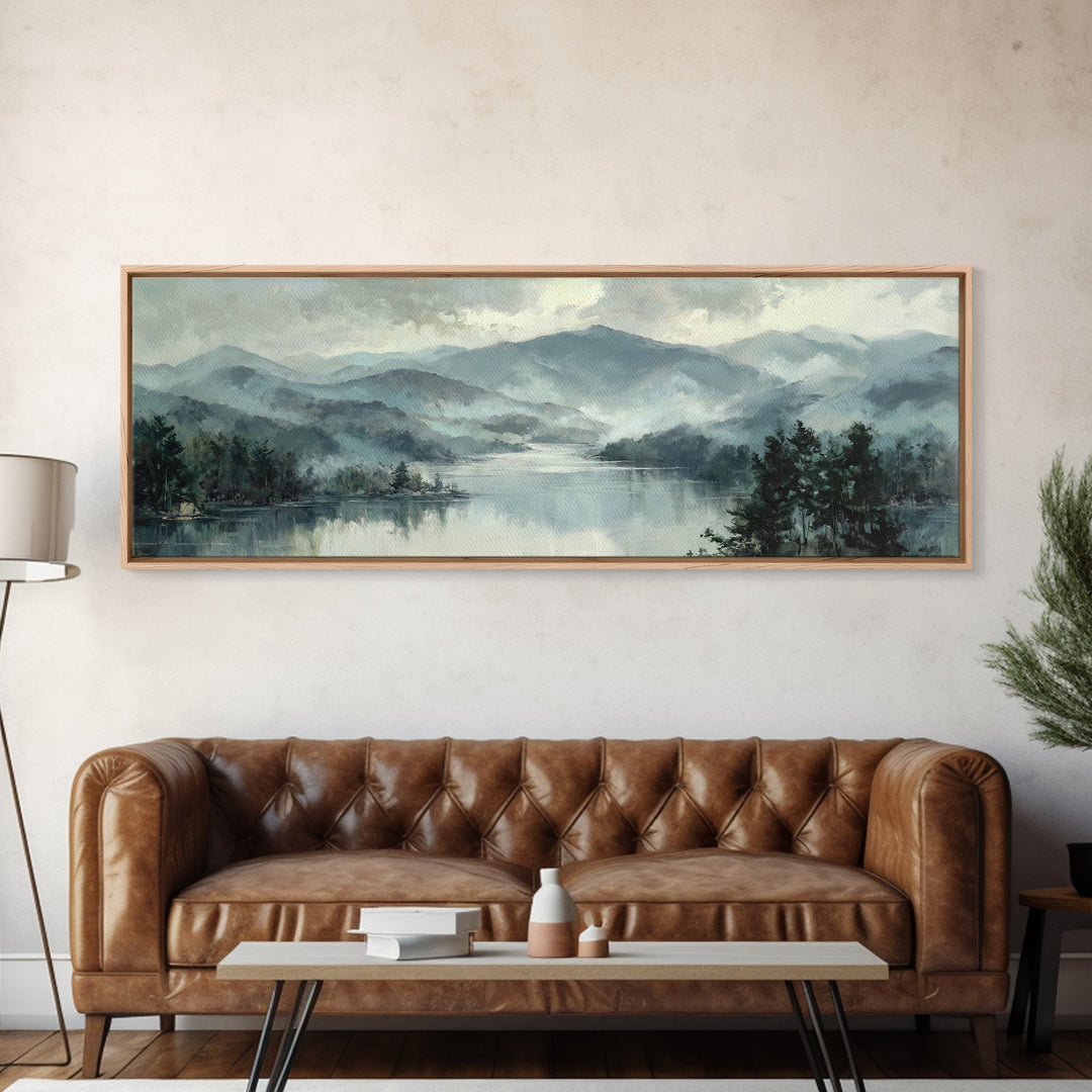 Mountain Lake with Sparkling Reflections Canvas Print, Impressionist Art, Neutral Decor, Living Room Decor, Oil Painting, IMP-3x1-40