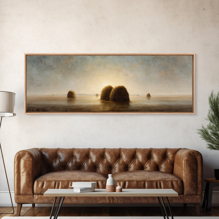 Haystacks Glowing at Golden Hour Framed Canvas Print, Impressionist Art, Modern Decor, Living Room Decor, Fine Art, Impression, IMP-3x1-44
