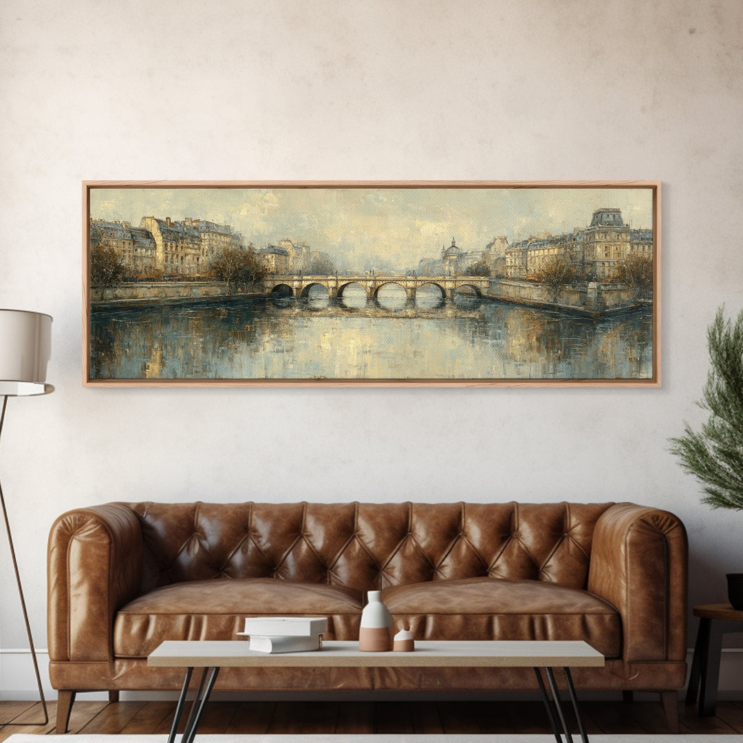 Paris Bridge Reflected Framed Canvas Print, Impressionist Art, Oil Painting, Living Room Decor, Impression, Coastal Wall Art, IMP-3x1-47
