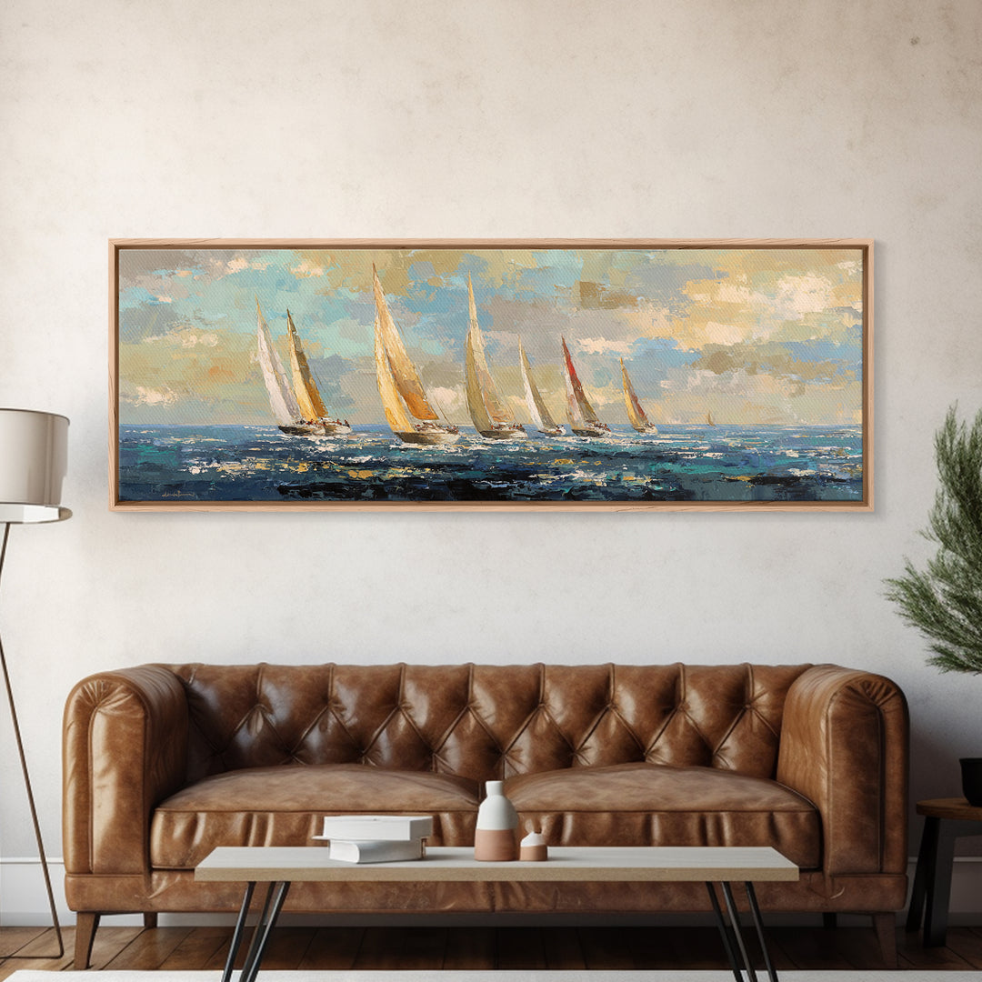 Sailboats on a Bright Sparkling Harbor Canvas Print, Impressionist Art, Landscape Art, Living Room Decor, Abstract Art, IMP-3x1-49