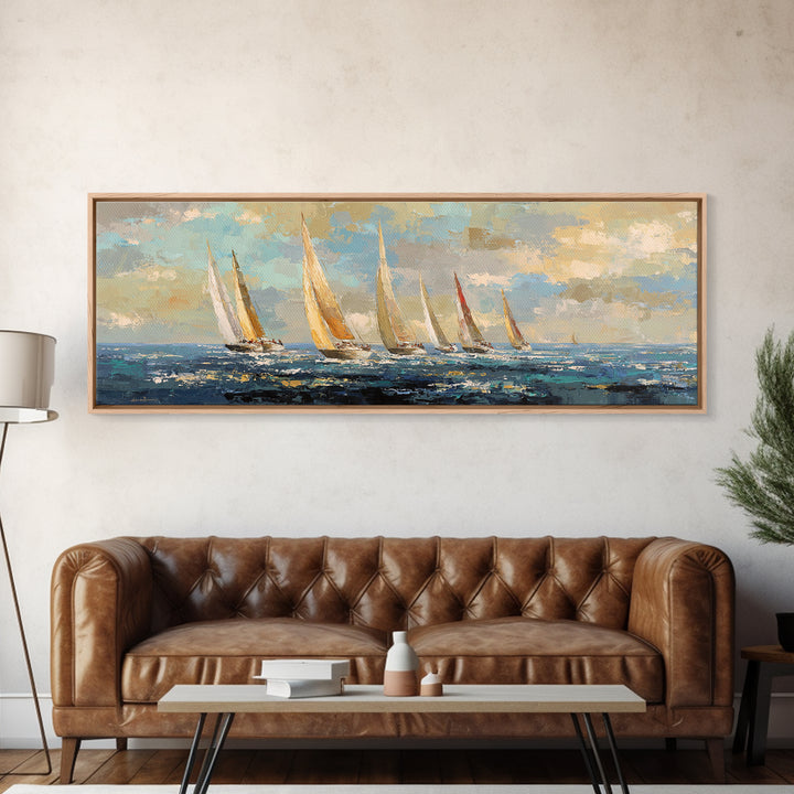 Sailboats on a Bright Sparkling Harbor Canvas Print, Impressionist Art, Landscape Art, Living Room Decor, Abstract Art, IMP-3x1-49