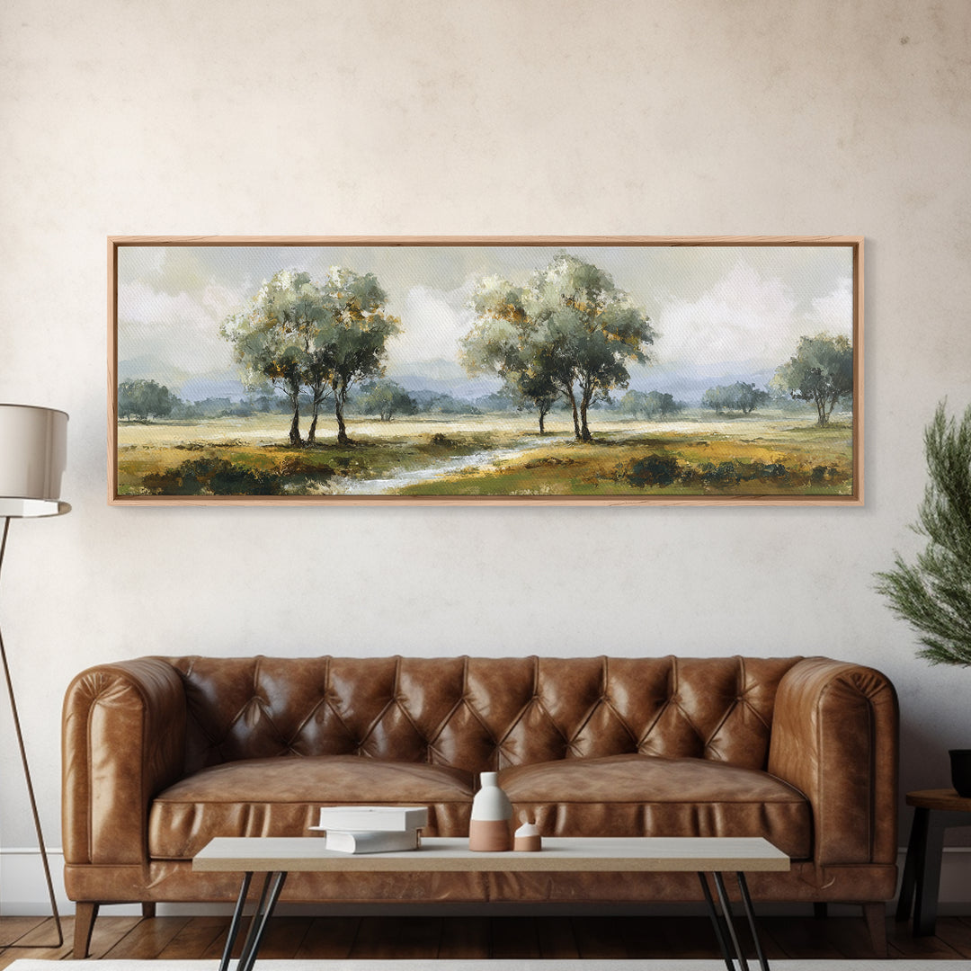 Misty Riverbank with Willow Trees Framed Canvas Print, Impressionist Art, Large Wall Art, Living Room Decor, Impression, IMP-3x1-51