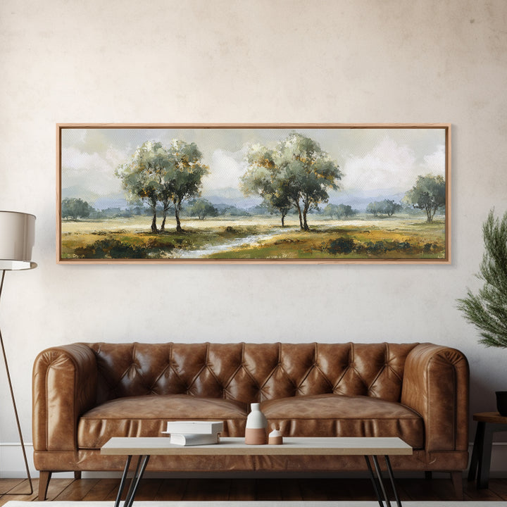 Misty Riverbank with Willow Trees Framed Canvas Print, Impressionist Art, Large Wall Art, Living Room Decor, Impression, IMP-3x1-51