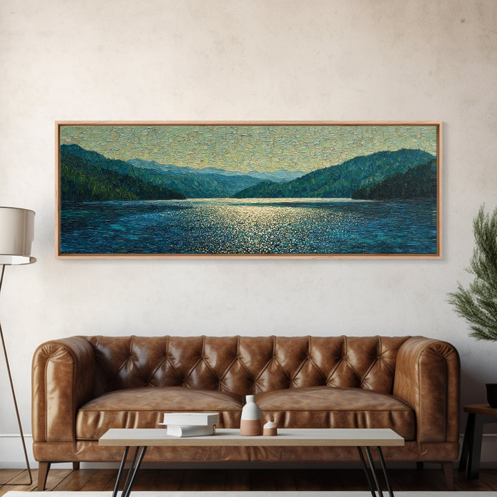 Mountain Lake with Sparkling Reflections Framed Canvas Print, Impressionist Art, Luxury Decor, Living Room Decor, Impression, IMP-3x1-64