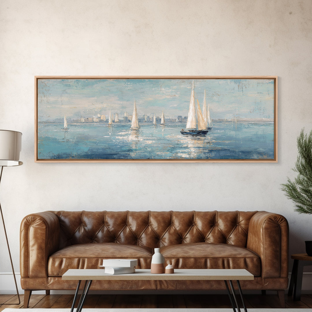 Sailboats on a Bright Sparkling Harbor Framed Canvas Print, Impressionist Art, Neutral Decor, Living Room Decor, Impression, IMP-3x1-73