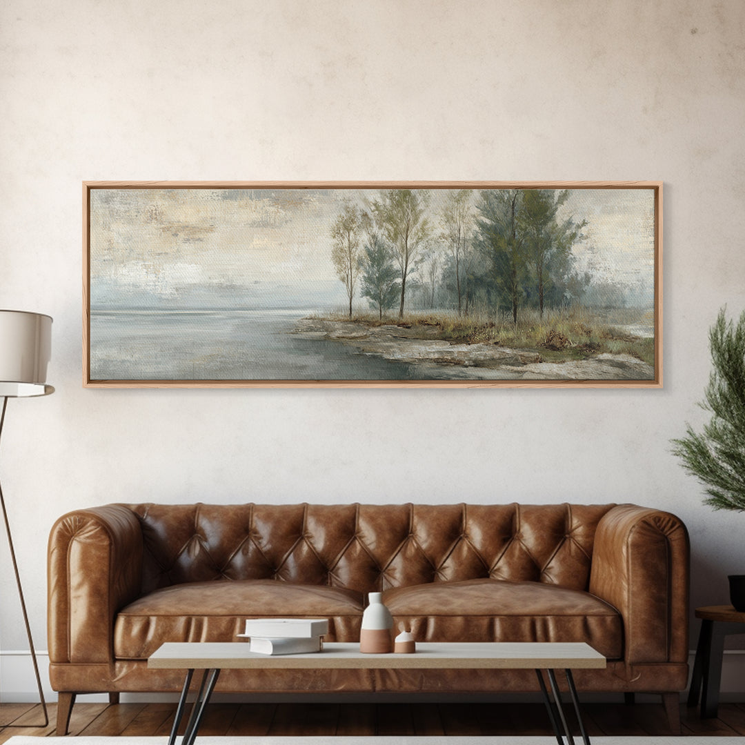 Misty Riverbank with Willow Trees Canvas Print, Impressionist Art, Living Room Decor, Fine Art, Impression, Landscape Art, IMP-3x1-75