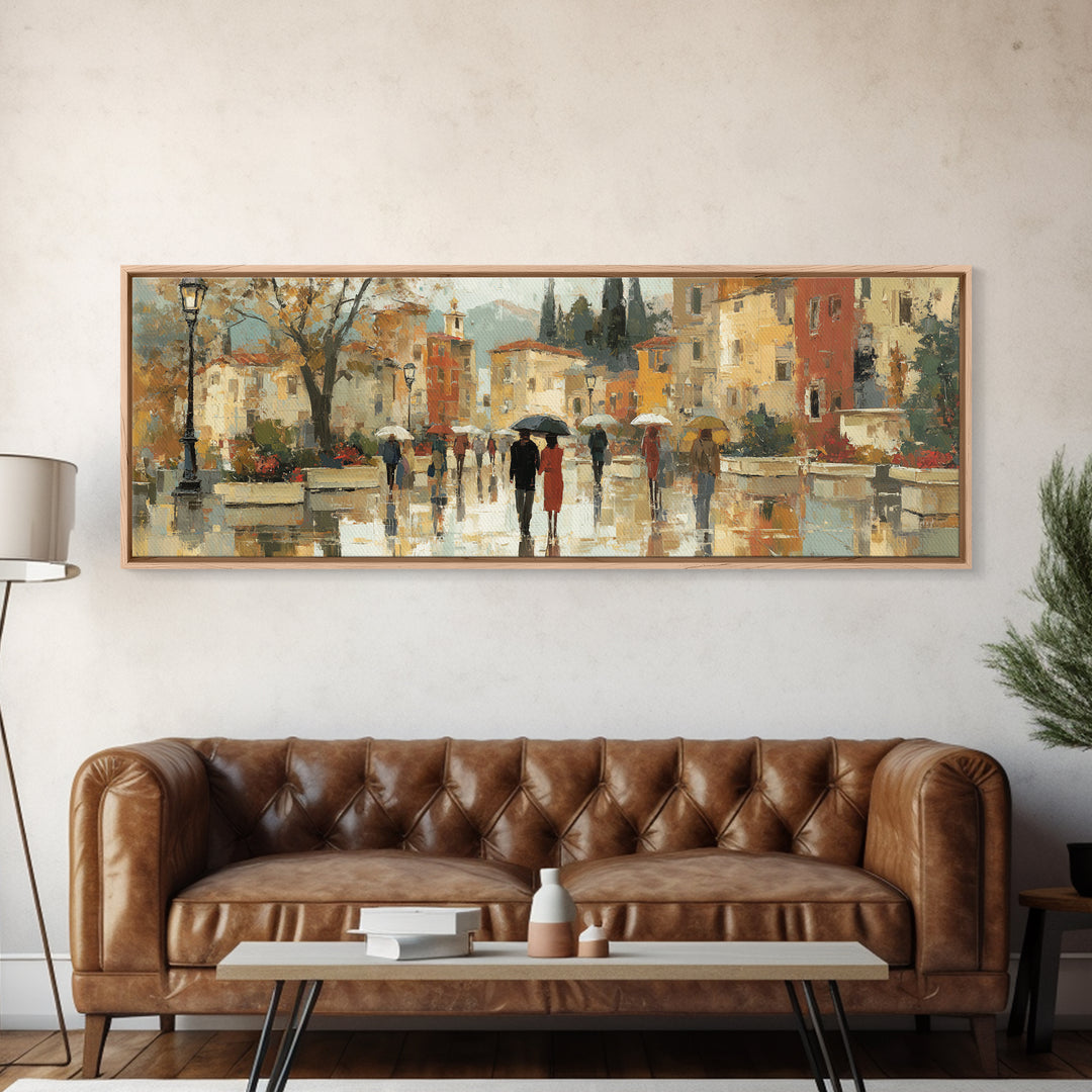 Rainy Boulevard with Umbrella Shapes Canvas Print, Impressionist Art, Living Room Art, Living Room Decor, Abstract Art, IMP-3x1-85