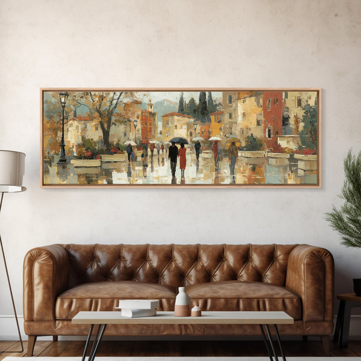 Rainy Boulevard with Umbrella Shapes Canvas Print, Impressionist Art, Living Room Art, Living Room Decor, Abstract Art, IMP-3x1-85
