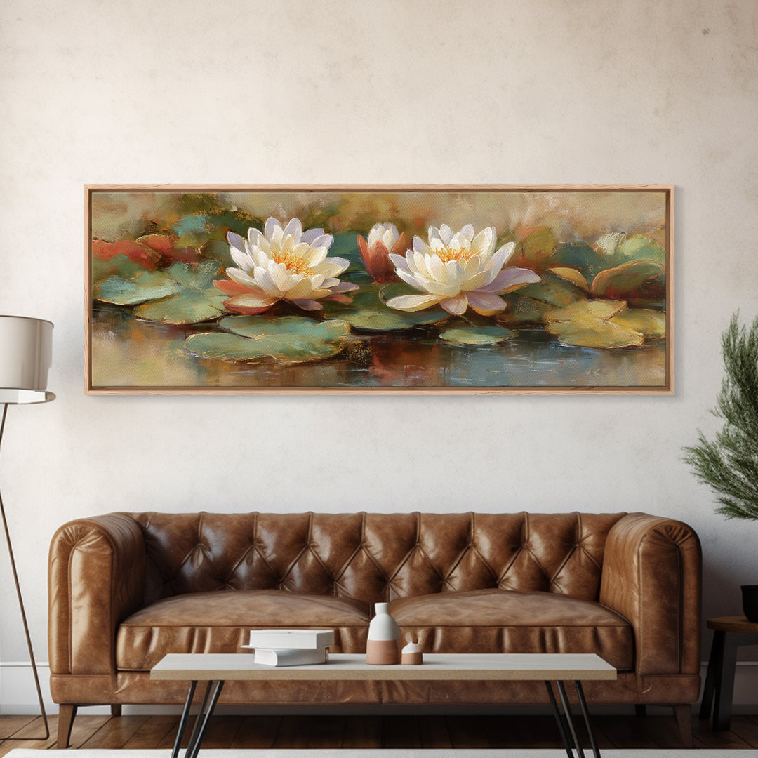 Water Lilies Floating on a Sunlit Pond Framed Canvas Print, Impressionist Art, Boho Decor, Living Room Decor, Oil Painting, IMP-3x1-89