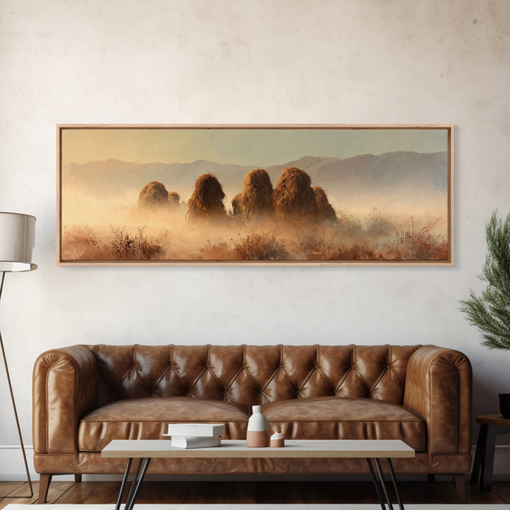 Haystacks Glowing at Golden Hour Canvas Print, Impressionist Art, Oil Painting, Living Room Decor, Impression, Coastal Wall Art, IMP-3x1-92