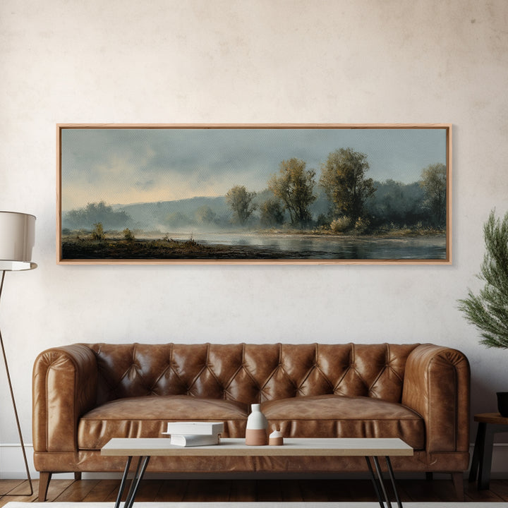 Misty Riverbank with Willow Trees Framed Canvas Print, Impressionist Art, Large Wall Art, Living Room Decor, Impression, IMP-3x1-99
