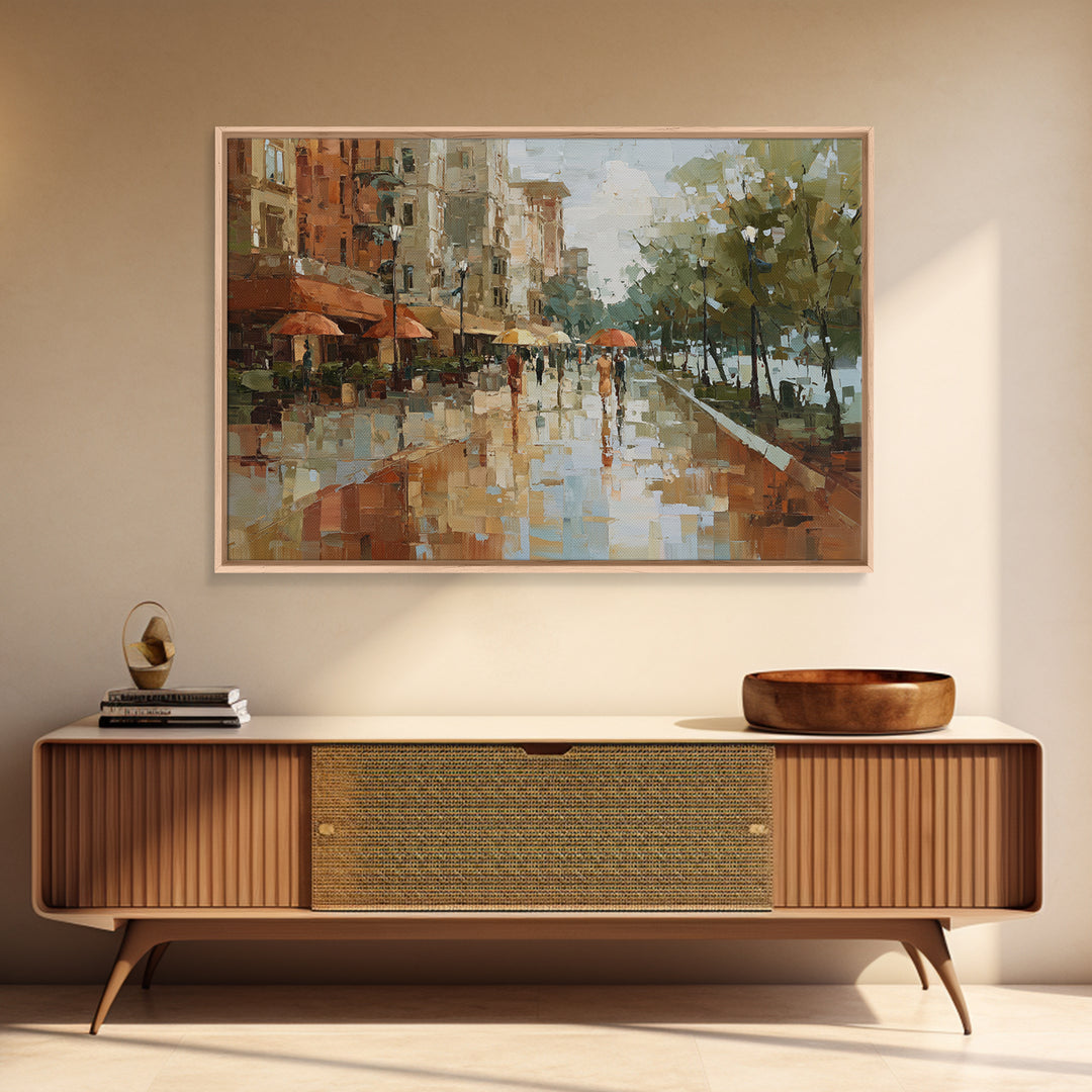 Rainy Boulevard with Umbrella Shapes Canvas Print, Impressionist Art, Abstract Painting, Living Room Decor, Abstract Art, IMP-3x2-1