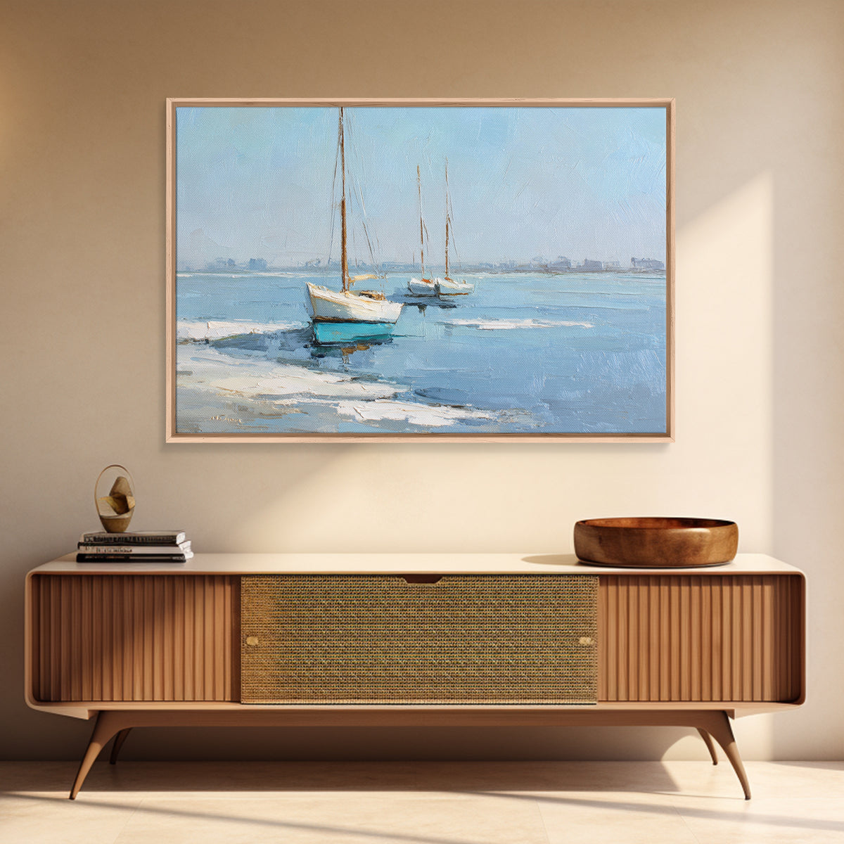 Sailboats on a Bright Sparkling Harbor Canvas Print, Impressionist Art, Landscape Painting, Living Room Decor, Impression, IMP-3x2-13