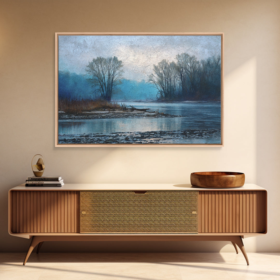Misty Riverbank with Willow Trees Framed Canvas Print, Impressionist Art, Coastal Wall Art, Living Room Decor, Impression, IMP-3x2-15