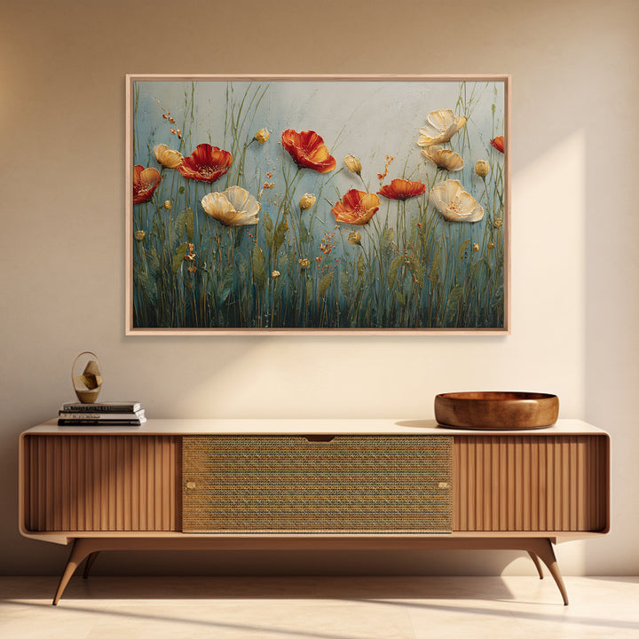 Poppies Blowing Through Green Grass Canvas Print, Impressionist Art, Landscape Painting, Living Room Decor, Watercolor Art, IMP-3x2-16