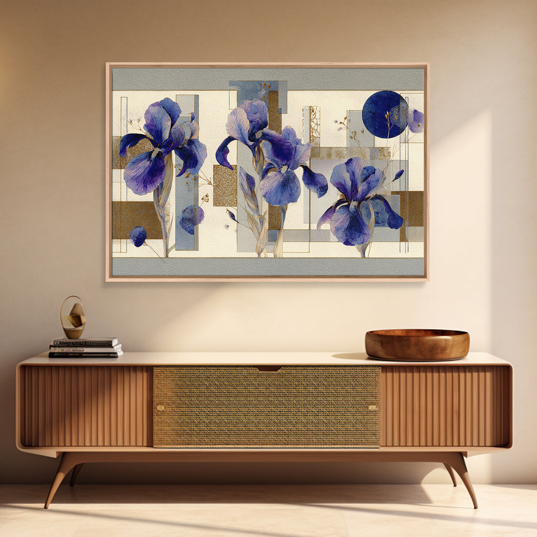 Iris Garden with Blue Violet Strokes Framed Canvas Print, Impressionist Art, Landscape Wall Art, Living Room Decor, Impression, IMP-3x2-24