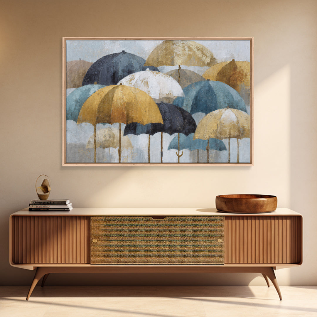 Rainy Boulevard with Umbrella Shapes Framed Canvas Print, Impressionist Art, Landscape Art, Living Room Decor, Impression, IMP-3x2-25