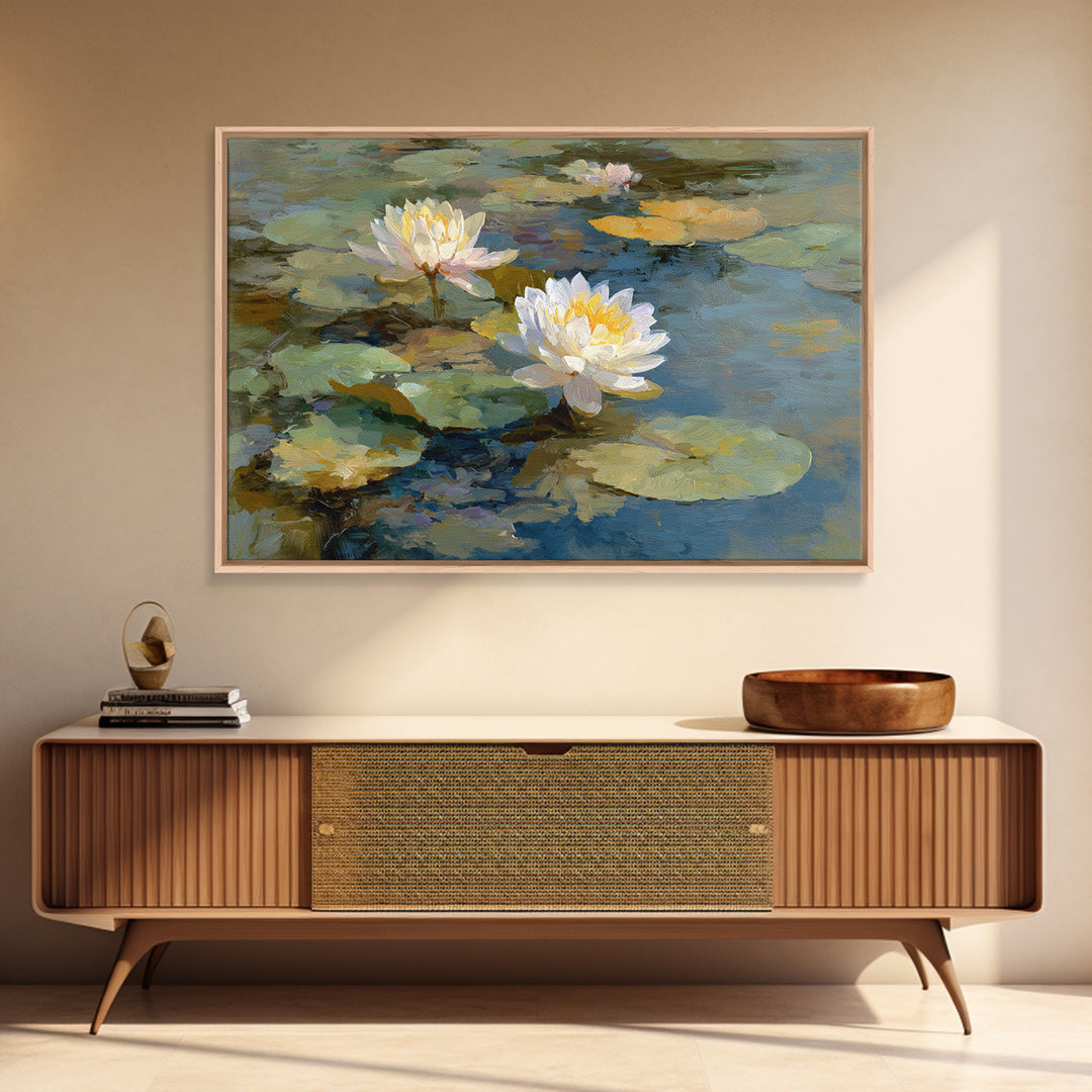 Water Lilies Floating on a Sunlit Pond Canvas Print, Impressionist Art, Modern Decor, Living Room Decor, Fine Art, Impression, IMP-3x2-29