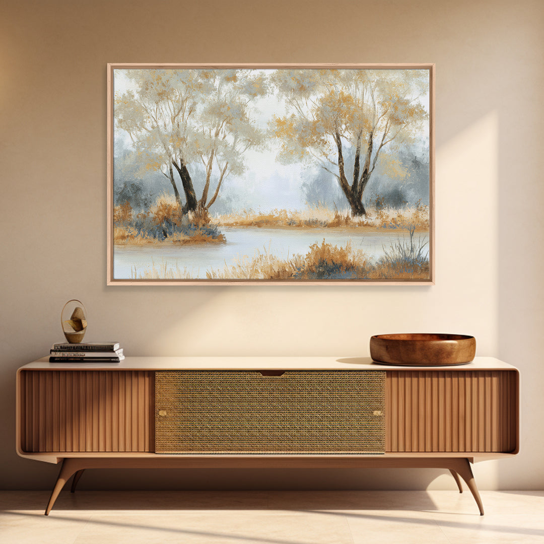 Misty Riverbank with Willow Trees Framed Canvas Print, Impressionist Art, Contemporary Art, Living Room Decor, Impression, IMP-3x2-39