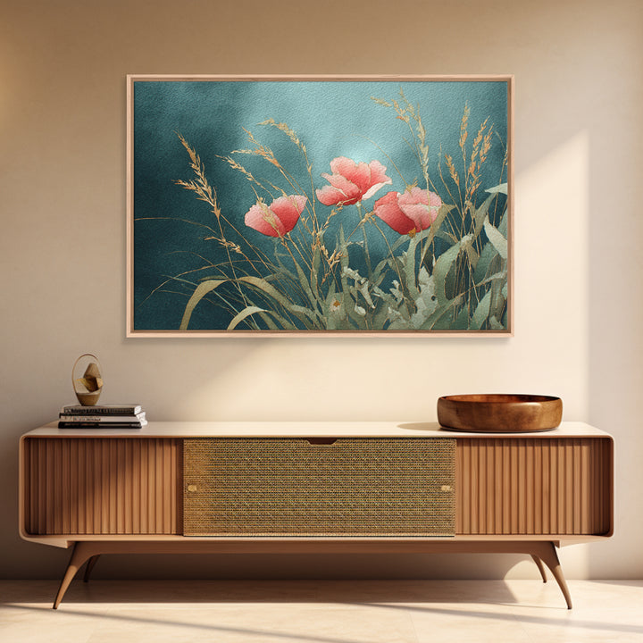 Poppies Blowing Through Green Grass Framed Canvas Print, Impressionist Art, Living Room Art, Living Room Decor, Oil Painting, IMP-3x2-40