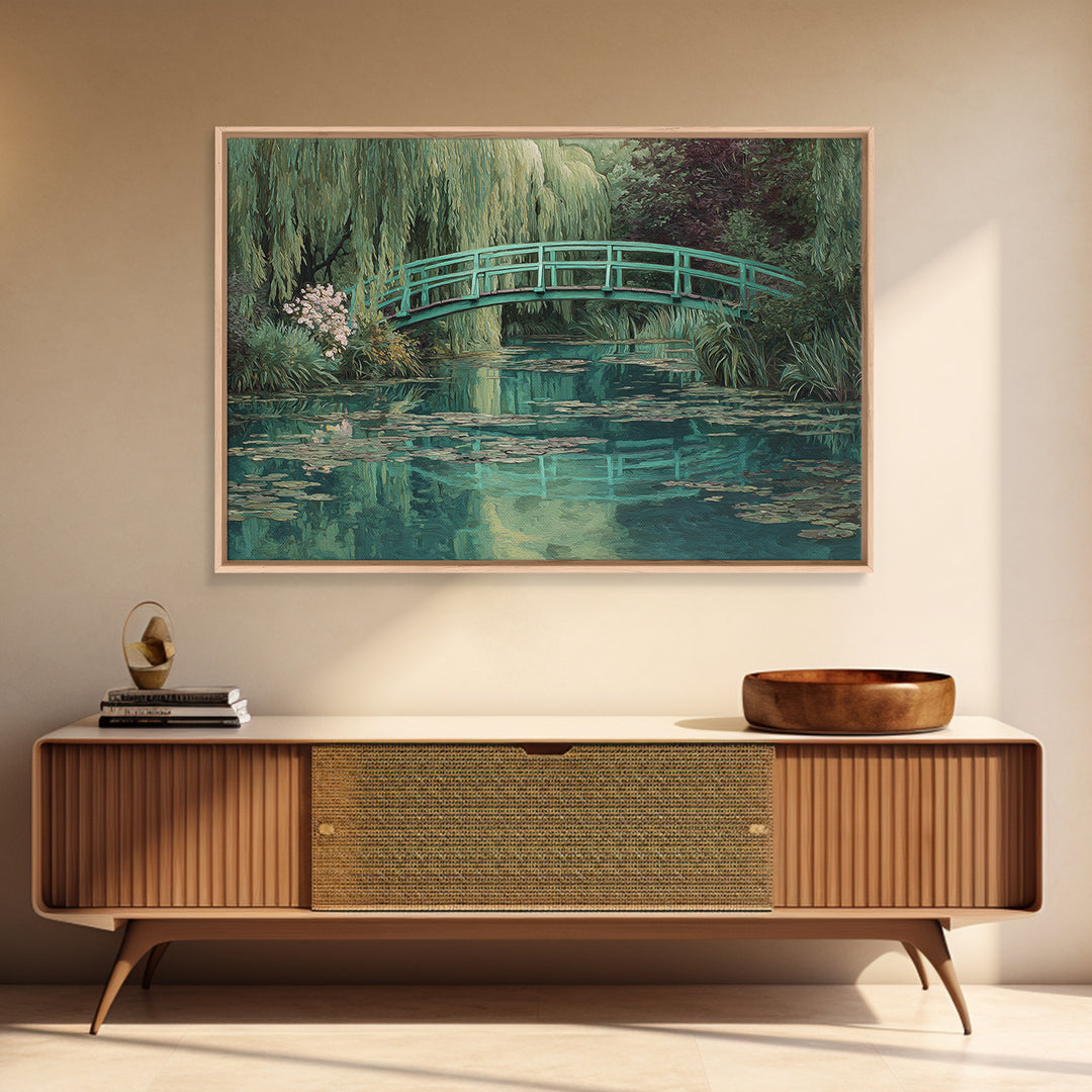 Water Garden Bridge Framed Canvas Print, Impressionist Art, Abstract Painting, Living Room Decor, Fine Art, Impression, IMP-3x2-46