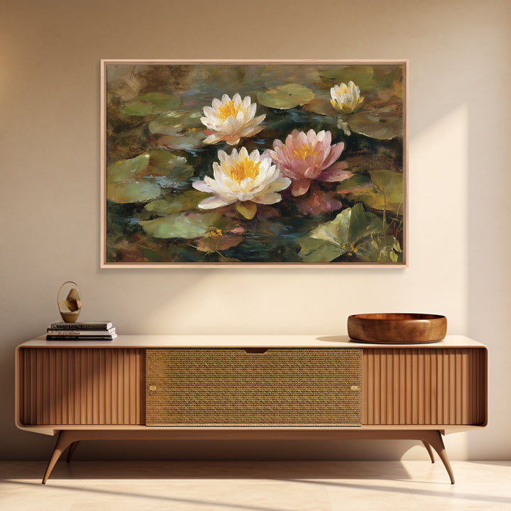 Water Lilies Floating on a Sunlit Pond Canvas Print, Impressionist Art, Colorful Wall Art, Living Room Decor, Impression, IMP-3x2-5