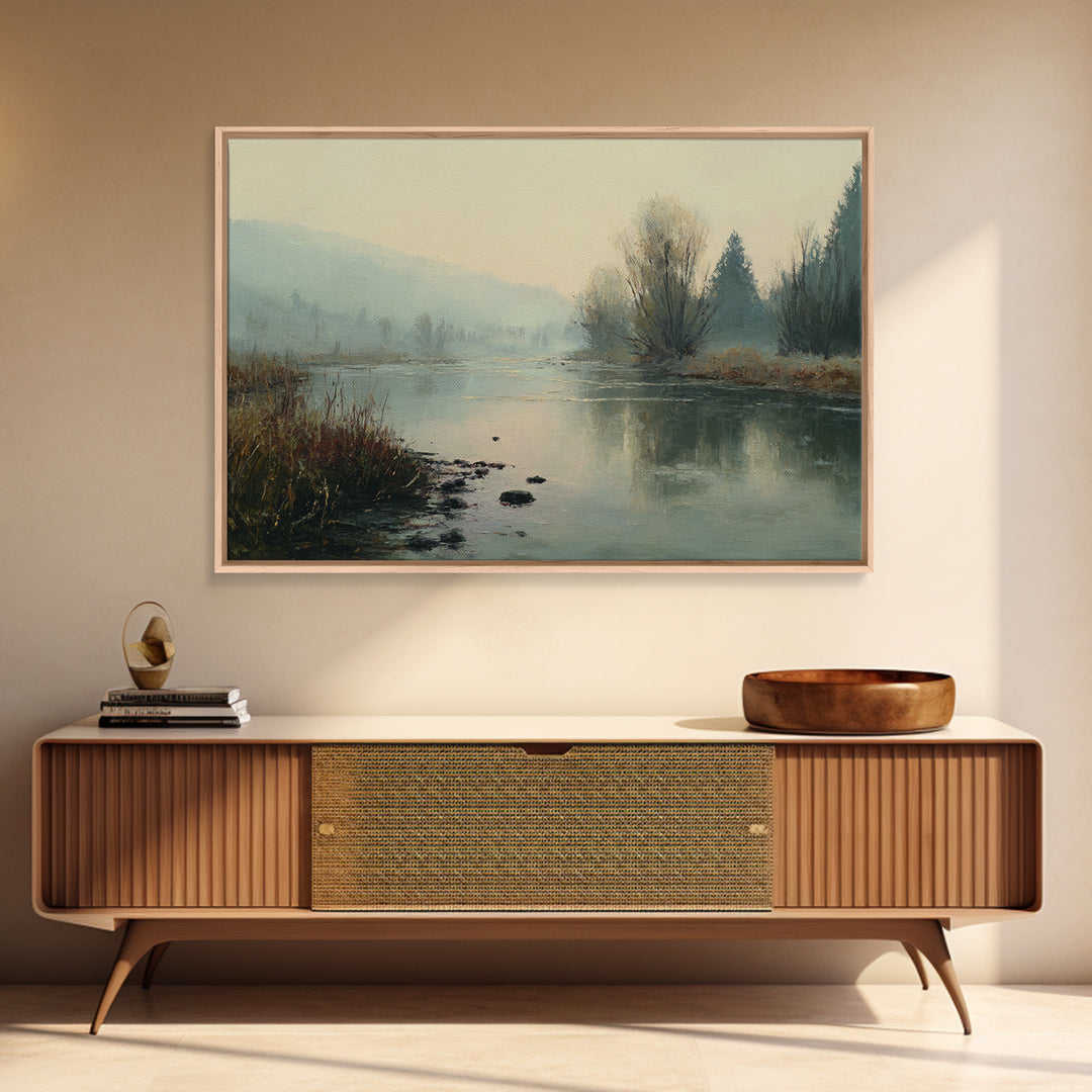 Misty Riverbank with Willow Trees Framed Canvas Print, Impressionist Art, Modern Art, Living Room Decor, Fine Art, Impression, IMP-3x2-63