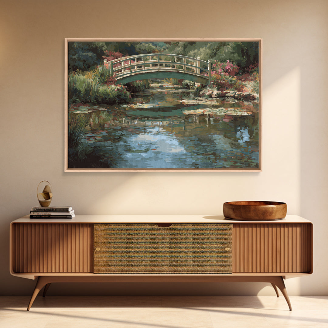Water Garden Bridge Framed Canvas Print, Impressionist Art, Abstract Painting, Living Room Decor, Fine Art, Impression, IMP-3x2-70