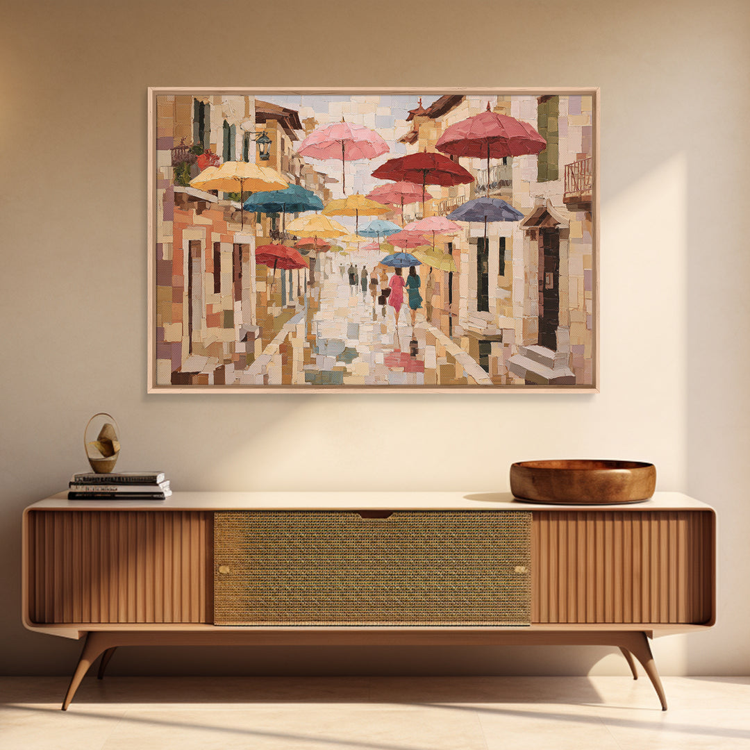 Rainy Boulevard with Umbrella Shapes Canvas Print, Impressionist Art, Neutral Decor, Living Room Decor, Fine Art, Impression, IMP-3x2-73