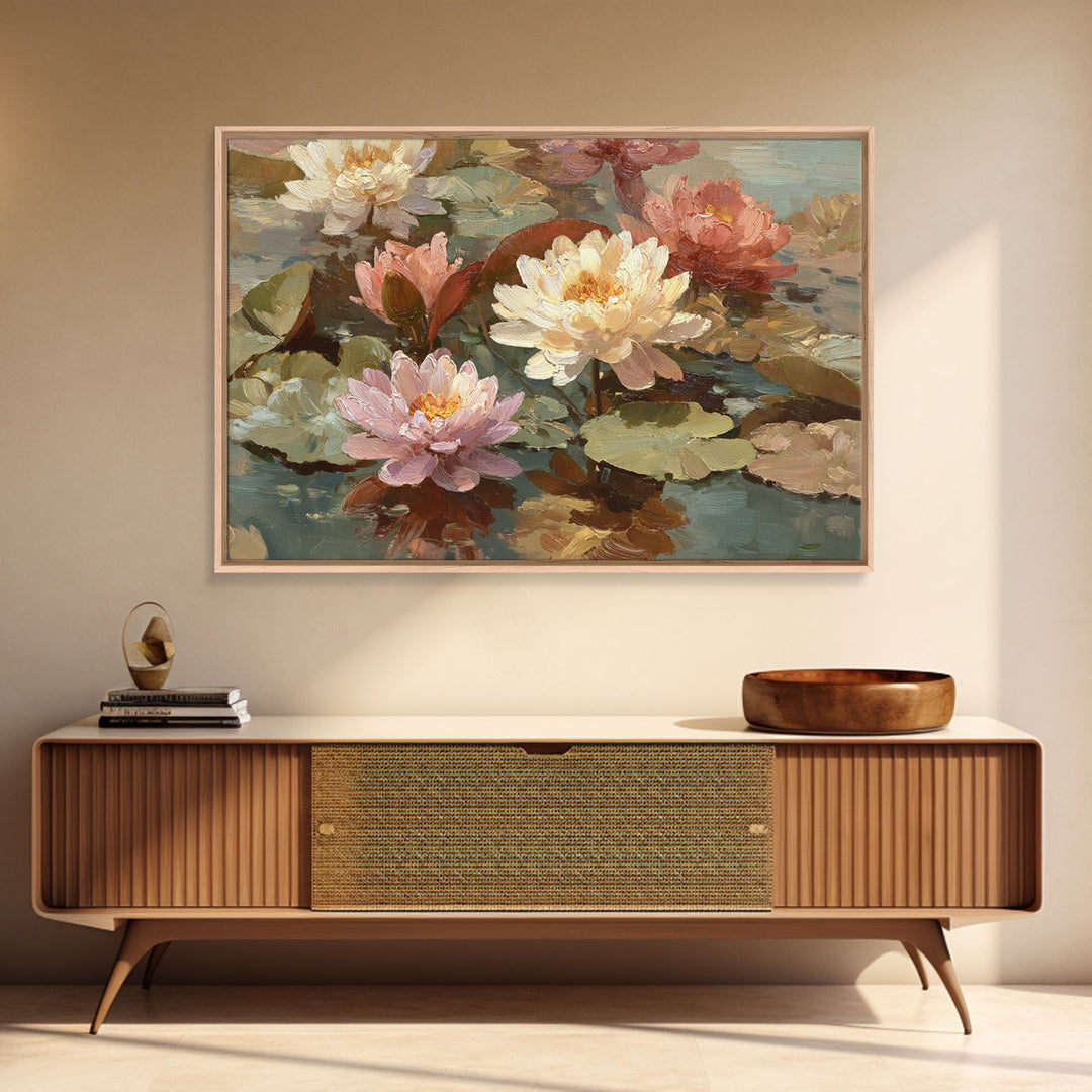 Water Lilies Floating on a Sunlit Pond Framed Canvas Print, Impressionist Art, Room Decor, Living Room Decor, Impression, IMP-3x2-77