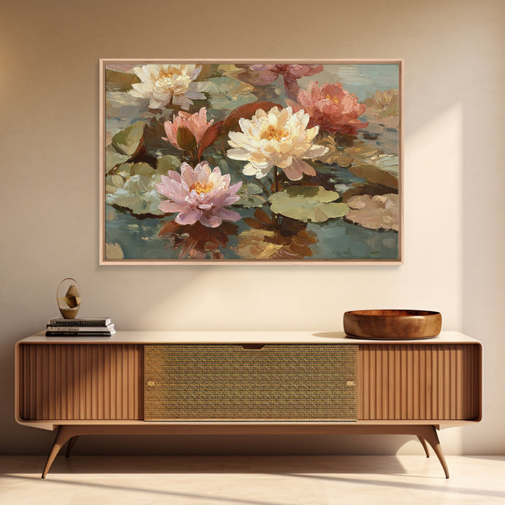 Water Lilies Floating on a Sunlit Pond Framed Canvas Print, Impressionist Art, Room Decor, Living Room Decor, Impression, IMP-3x2-77