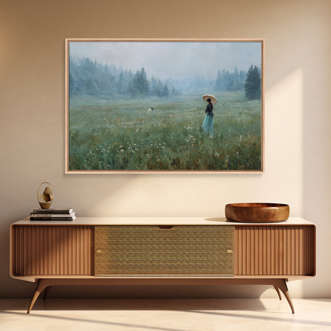 Woman with Parasol in Breezy Meadow Framed Canvas Print, Impressionist Art, Luxury Decor, Living Room Decor, Impression, IMP-3x2-79