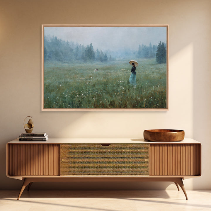 Woman with Parasol in Breezy Meadow Framed Canvas Print, Impressionist Art, Luxury Decor, Living Room Decor, Impression, IMP-3x2-79