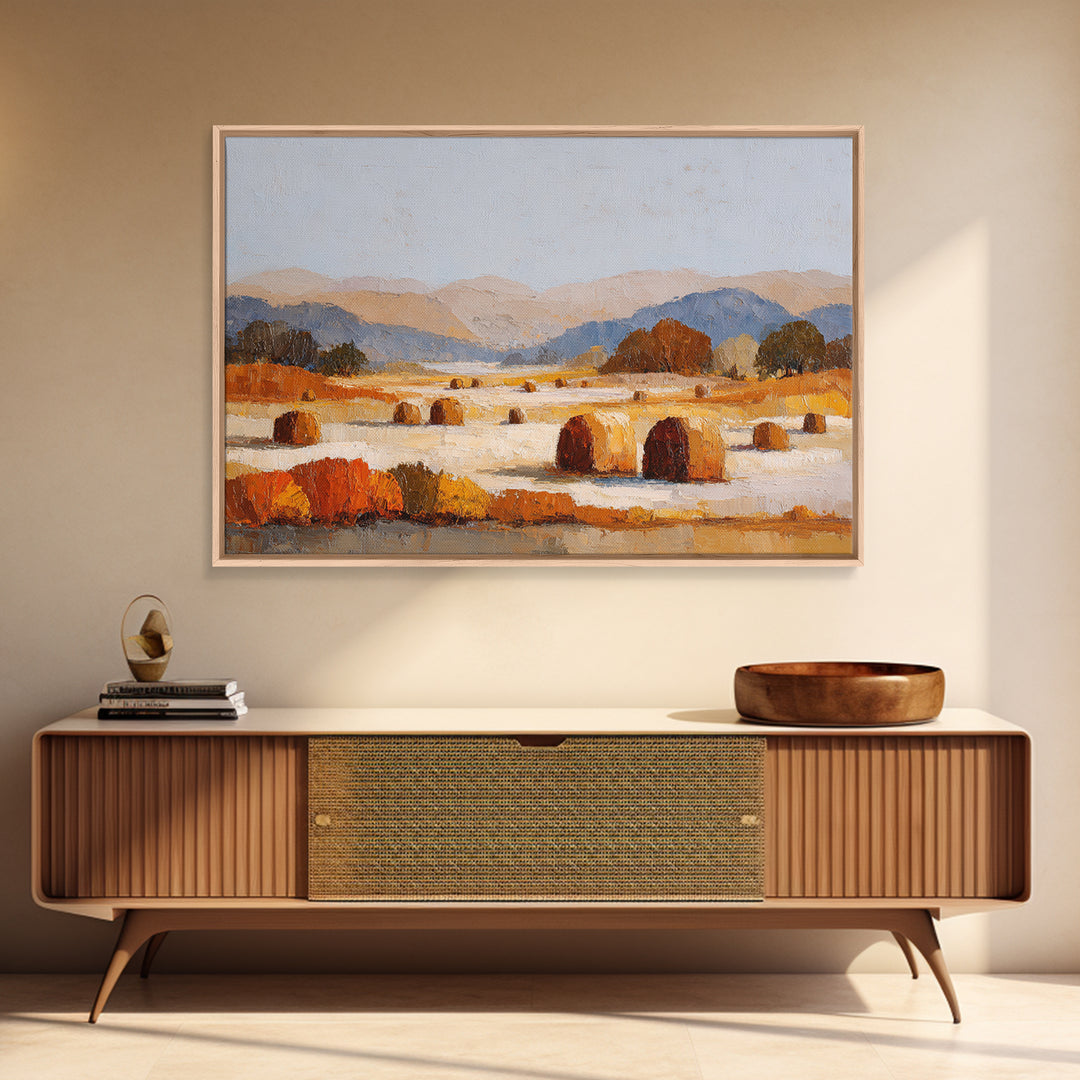 Haystacks Glowing at Golden Hour Framed Canvas Print, Impressionist Art, Floral Wall Art, Living Room Decor, Oil Painting, IMP-3x2-8