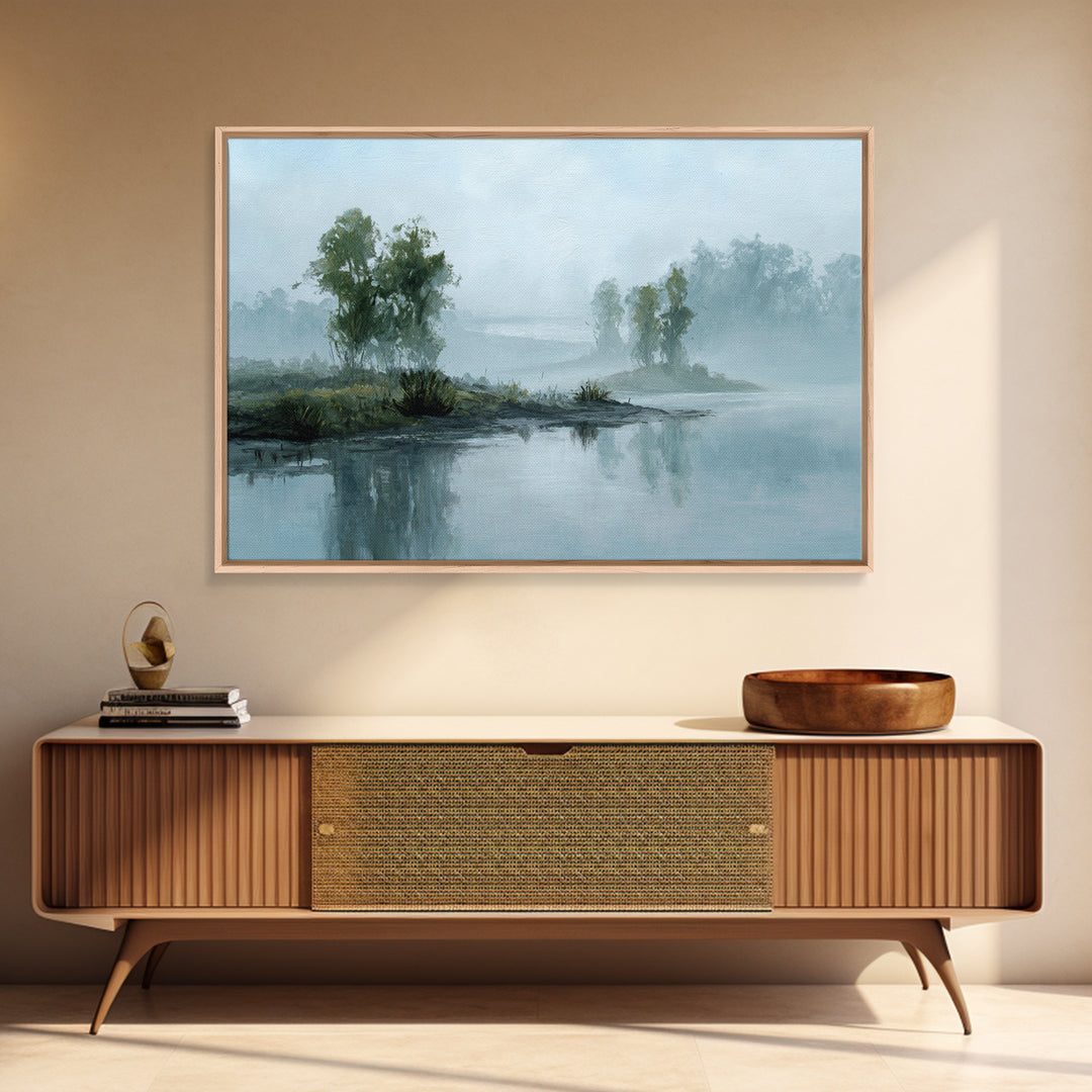Misty Riverbank with Willow Trees Framed Canvas Print, Impressionist Art, Wall Decor, Living Room Decor, Fine Art, Impression, IMP-3x2-87