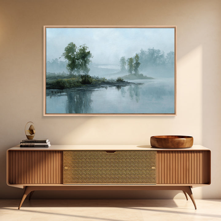 Misty Riverbank with Willow Trees Framed Canvas Print, Impressionist Art, Wall Decor, Living Room Decor, Fine Art, Impression, IMP-3x2-87