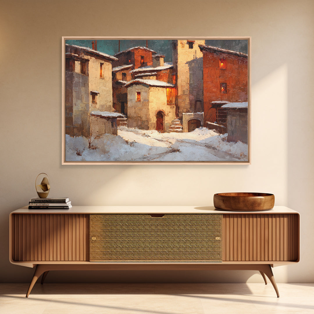 Snowy Village with Warm Glowing Windows Canvas Print, Impressionist Art, Boho Decor, Living Room Decor, Oil Painting, IMP-3x2-89