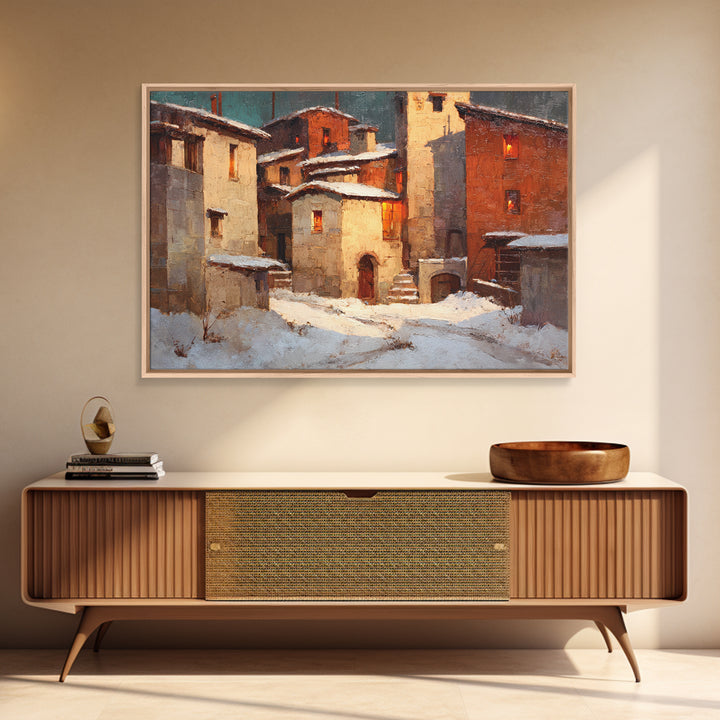 Snowy Village with Warm Glowing Windows Canvas Print, Impressionist Art, Boho Decor, Living Room Decor, Oil Painting, IMP-3x2-89
