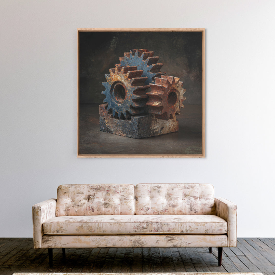Rusted Gears Arranged as Sculptural Still Life Framed Canvas Print, Industrial Art, Room Decor, Living Room Decor, Foundry, IND-1x1-1