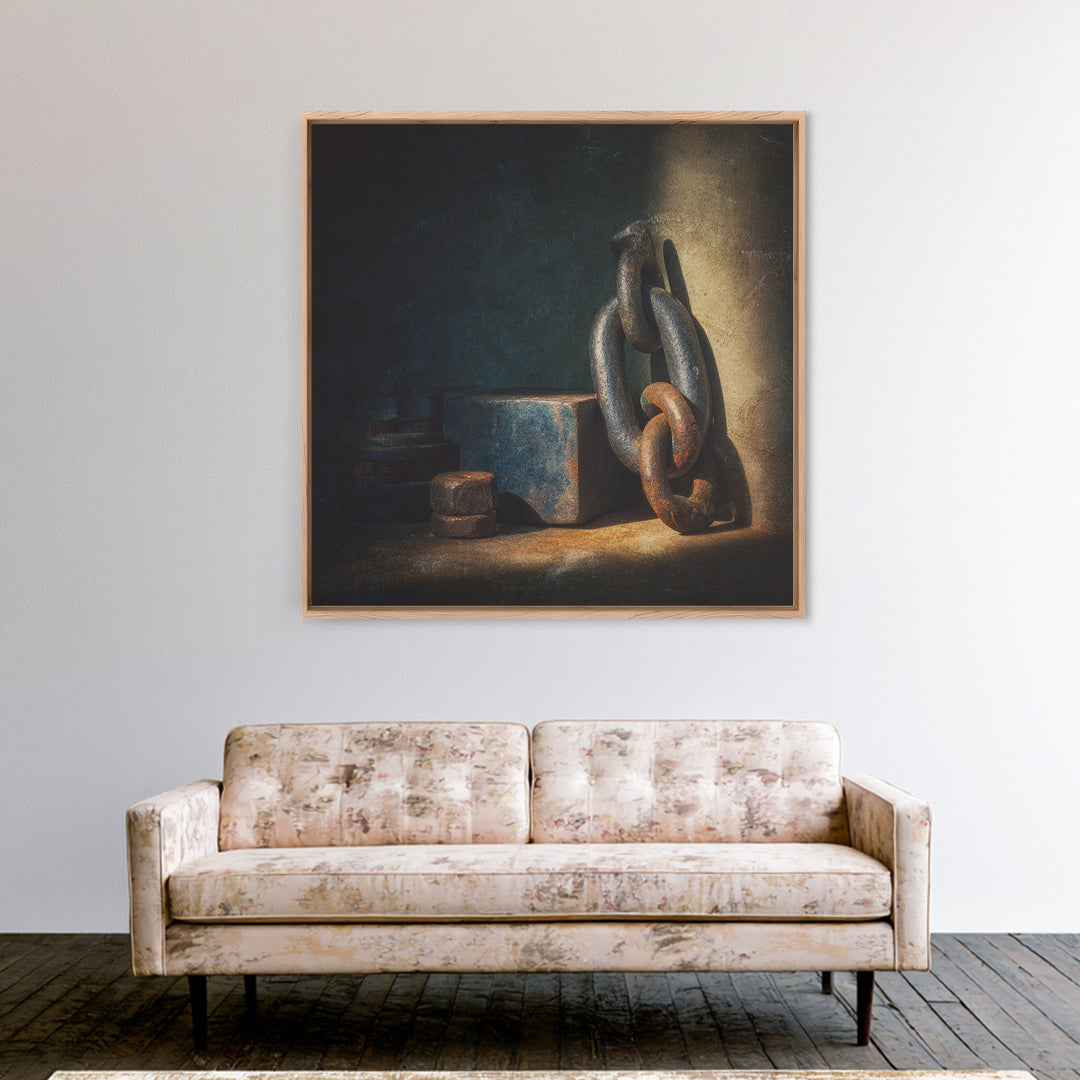Chain and Hook Still Life Framed Canvas Print, Industrial Art, Printable Art, Living Room Decor, Watercolor Art, Foundry, IND-1x1-16