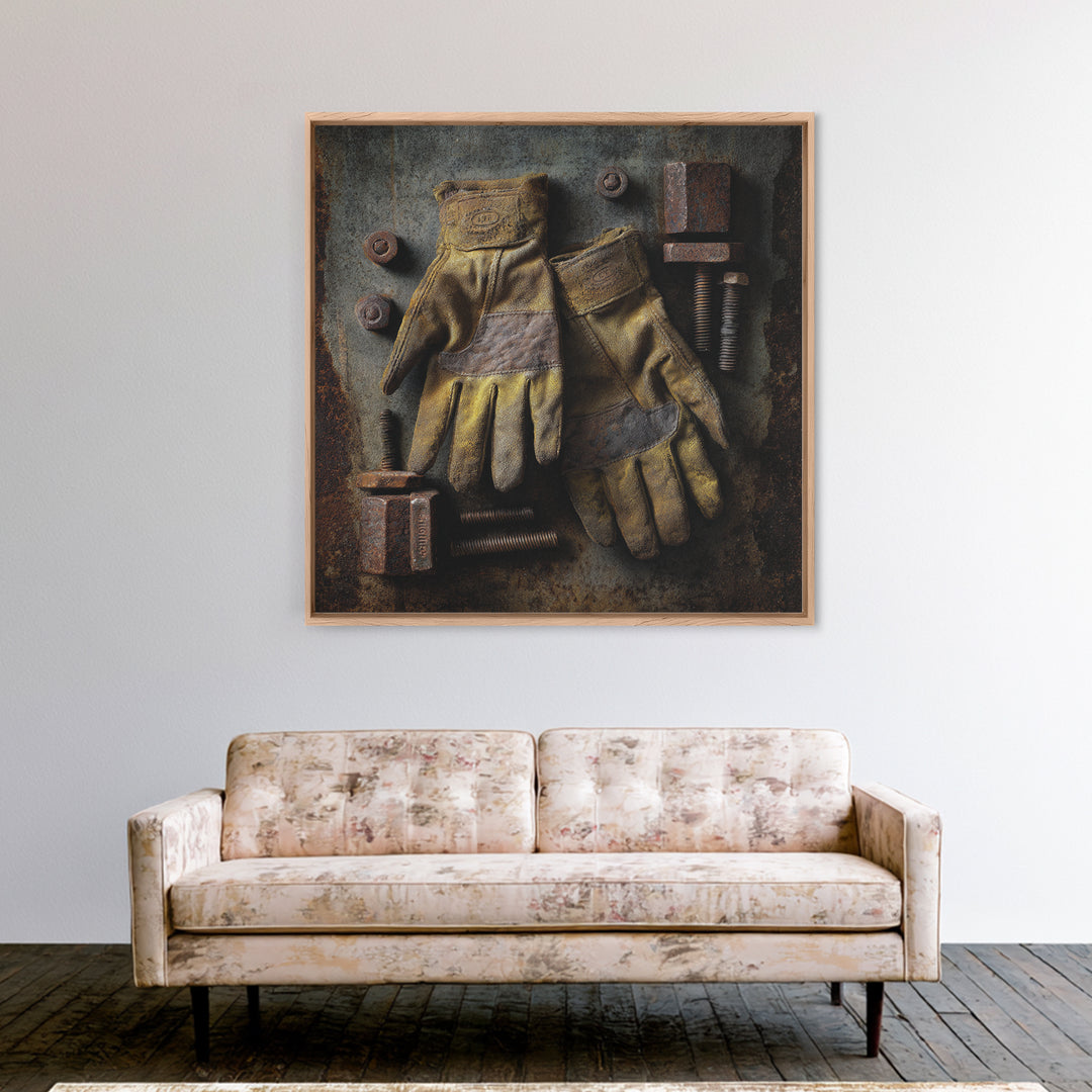 Worn Work Gloves and Bolts Arrangement Canvas Print, Industrial Art, Rustic Home Decor, Living Room Decor, Fine Art, Foundry, IND-1x1-18