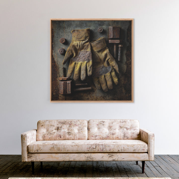 Worn Work Gloves and Bolts Arrangement Canvas Print, Industrial Art, Rustic Home Decor, Living Room Decor, Fine Art, Foundry, IND-1x1-18