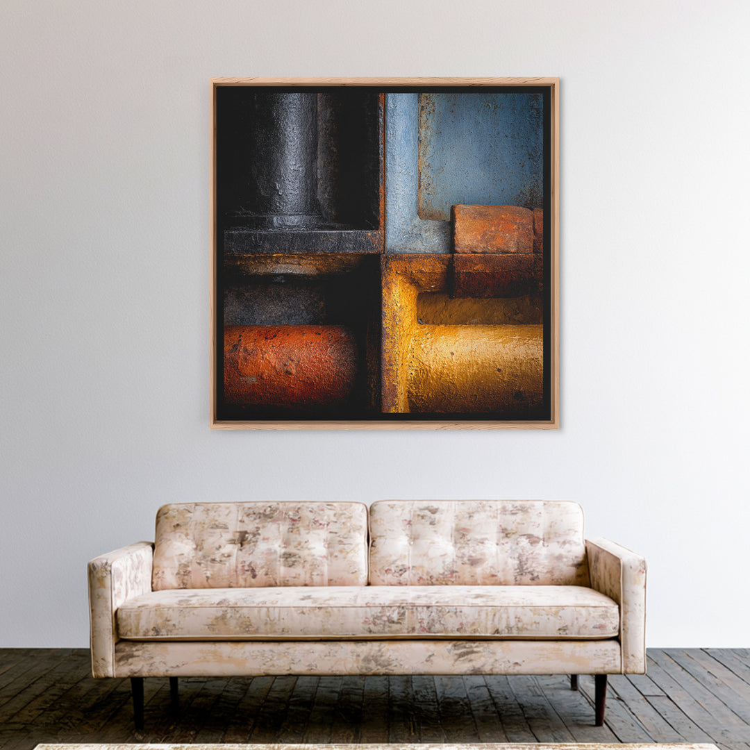 Metal Pipes and Valves as Graphic Composition Framed Canvas Print, Industrial Art, Gallery Decor, Living Room Decor, Foundry, IND-1x1-32