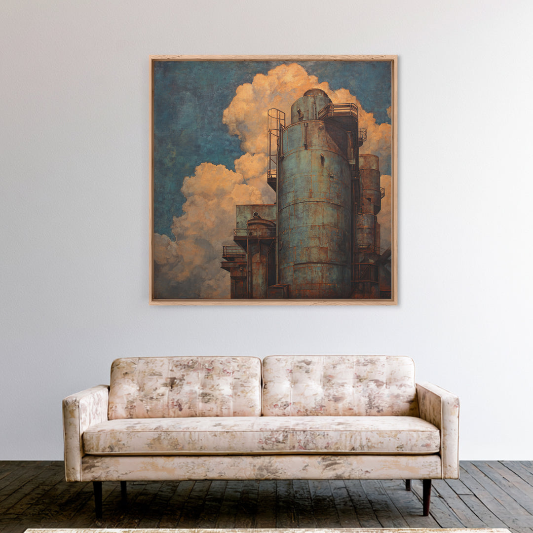 Factory Smokestacks with Moody Sky Canvas Print, Industrial Art, Dining Room Wall Art, Living Room Decor, Fine Art, Foundry, IND-1x1-35