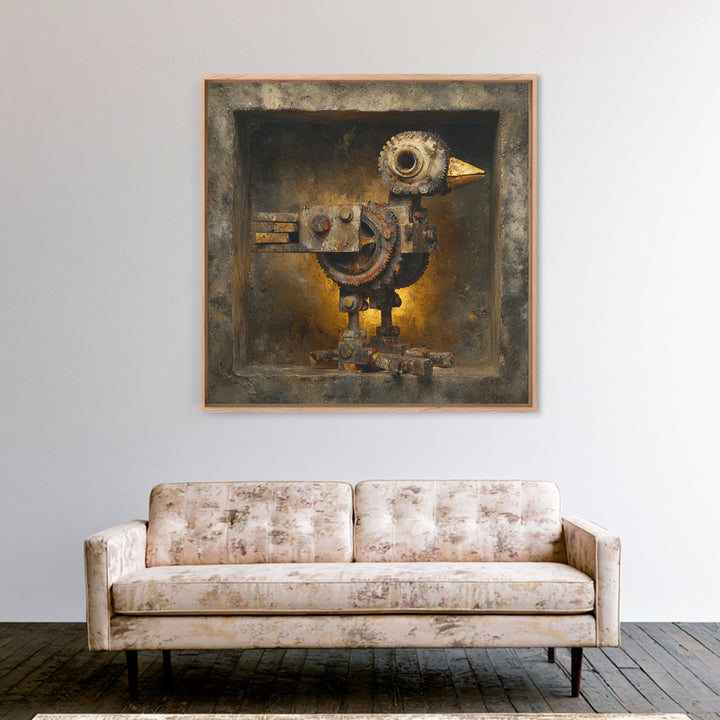 Mechanical Bird Made from Gears Framed Canvas Print, Industrial Art, Living Room Art, Living Room Decor, Oil Painting, Foundry, IND-1x1-43
