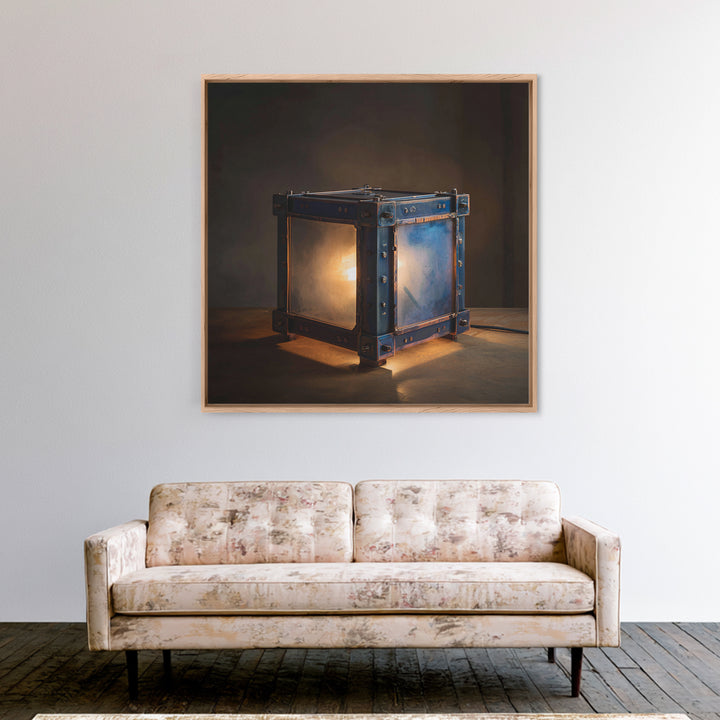 Industrial Lamp with Warm Glow Framed Canvas Print, Industrial Art, Metal Art, Living Room Decor, Foundry, Gallery Decor, IND-1x1-47