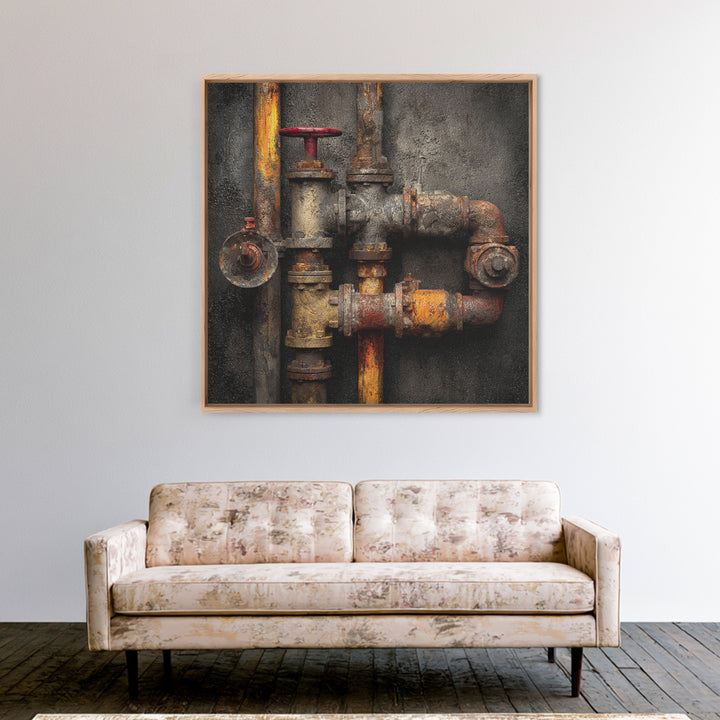 Metal Pipes and Valves as Graphic Composition Framed Canvas Print, Industrial Art, Wall Hanging, Living Room Decor, Foundry, IND-1x1-56