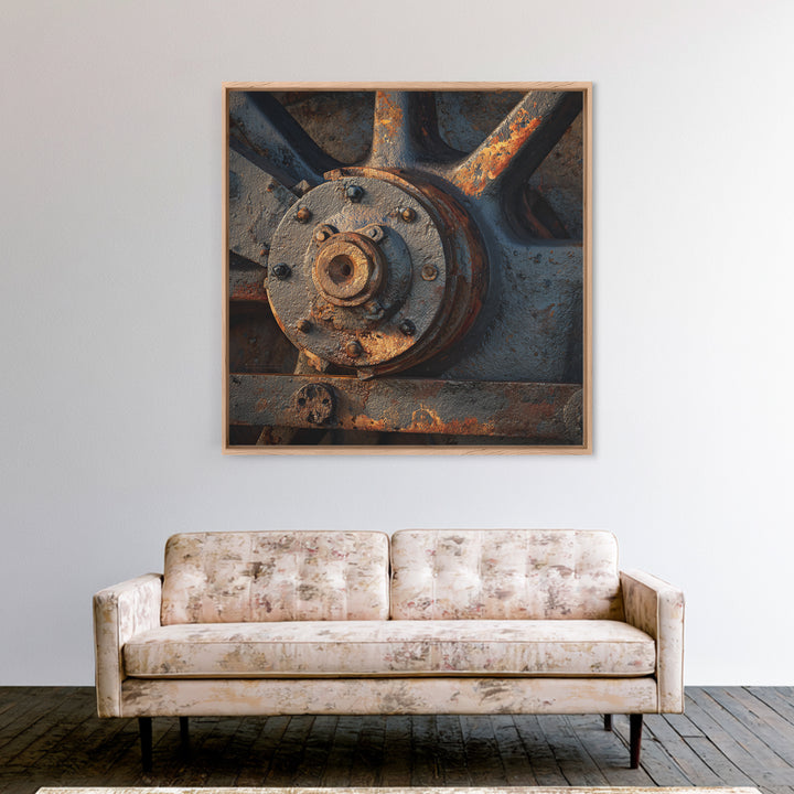 Steam Locomotive Wheel Closeup Framed Canvas Print, Industrial Art, Living Room Decor, Watercolor Art, Foundry, IND-1x1-6