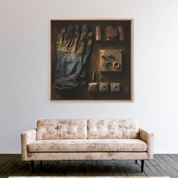 Worn Work Gloves and Bolts Arrangement Framed Canvas Print, Industrial Art, Texas Art, Living Room Decor, Abstract Art, Foundry, IND-1x1-66