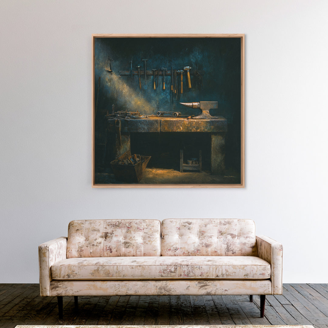 Blacksmith Tools on Dark Workbench Canvas Print, Industrial Art, Textured Painting, Living Room Decor, Oil Painting, Foundry, IND-1x1-82